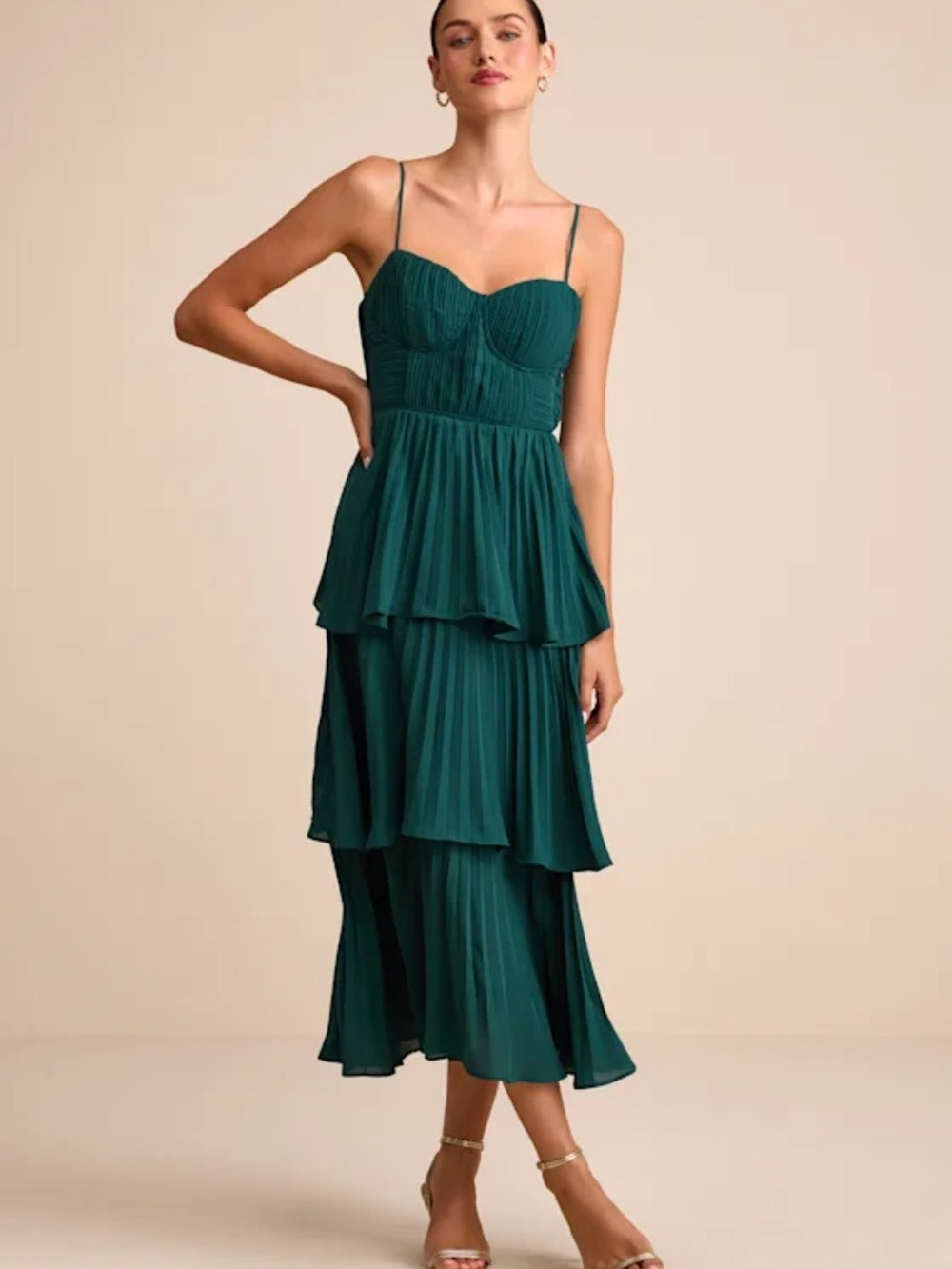 Cascading Crush Emerald Tiered Bustier Midi Dress